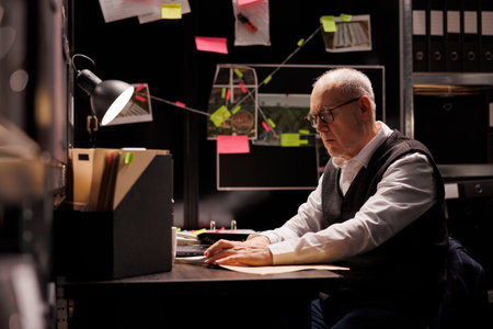 Tired elderly investigator analyzing criminology report, working overhours at criminal case in...