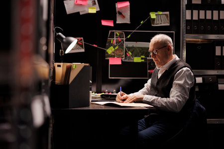 Tired elderly private detective in formal suit working overtime at criminal case in arhive room. Overworked police officer analyzing criminology report, checking federal investigations evidenceの写真素材