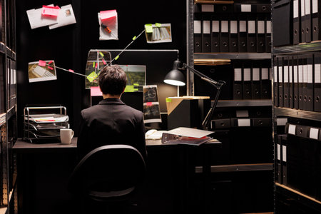 Agency investigator sitting at desk in federal bureau late at night, working at criminal case...