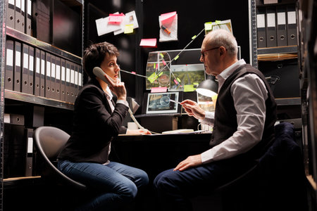 Private detective talking at landline phone with remote inspector, discussing missing person case....