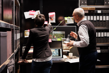 Private detectives looking at investigation board, analyzing crime scene evidence in arhive room. Elderly police officer explaining missing person report to investigator, working at criminal caseの写真素材