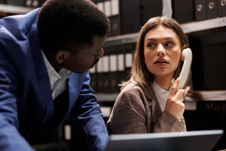 Caucasian detective using landline phone to talk with remote police officer, working at criminal case in arhive room. Diverse investigators analyzing crime scene evidence, trying to catch suspectの写真素材
