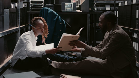 Law inspectors doing background checks with records, analyzing evidence in case files to find...