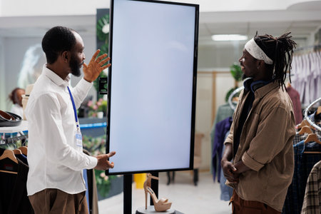 African american employee using smart display to assist customer with shoe purchase in shopping...