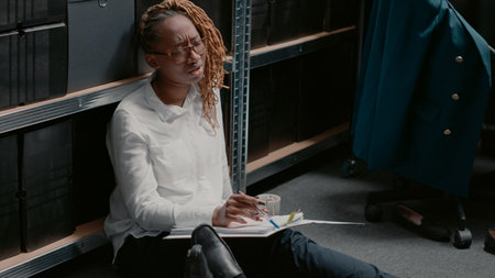 Police archive colleagues reading case information sitting on the floor, working on research to catch suspect. Man and woman doing teamwork to examine detective evidence map. Handheld shot.の写真素材