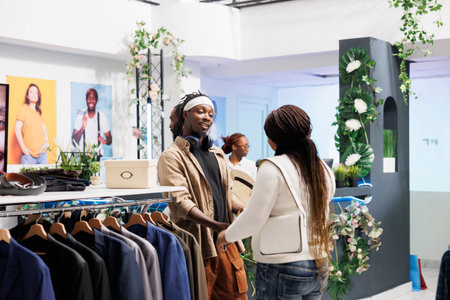 Woman buying trendy accessories and asking boyfriend for advice in shopping center. African american...