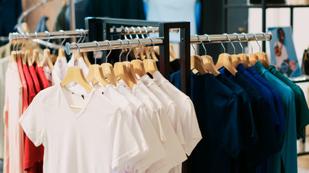 Empty modern boutique filled with racks and hangers, stylish merchandise hanging in fashion store. Fashionable clothes and accessories on discount waiting for customers to come and buyの写真素材