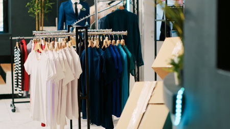 Empty modern boutique with casual and formal wear items, retail shop with stylish clothes on hangers and racks. Clothing store inside of shopping centre, fashionable merchandise and accessories.の写真素材
