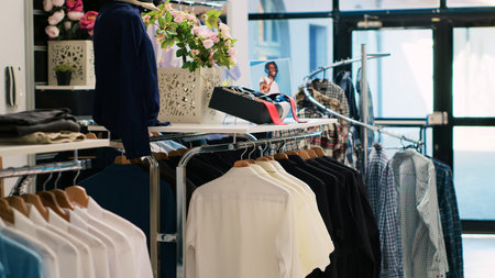 Empty shopping centre waiting for clients, new fashion collection on racks. Fashionable clothes and...