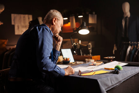 Elderly suitmaker overthinking comissioned business suit required by customer. Old experienced...