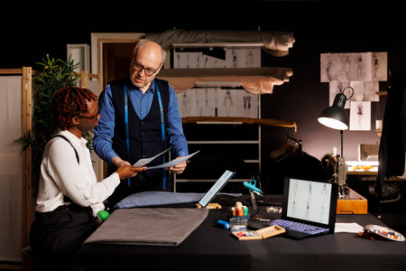 African american needleworker apprentice helping master couturier pick best sartorial outfit design for runway show collection. Tailor and assistant brainstorming ideas for creative bespoken attireの写真素材
