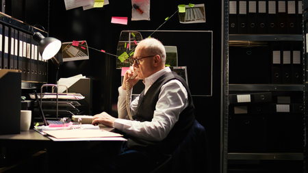 Police officer answers landline phone in incident room, receiving new case information and forensic evidence report to catch suspect. Private investigator talking on phone call with criminologist.の写真素材