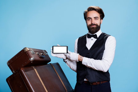 Professional bellman using mobile device with white screen, being dressed in appropriate clothing to represent hospitality industry. Bare copyspace template is highlighted by classy hotel staff.の写真素材