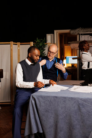 Stylish customer discussing best suit customizations options with expert suitmaker over clothing sketches in tailoring shop. Gentleman looking at fashion designs, choosing desired adjustmentsの写真素材