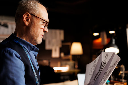 Close up of elderly suitmaker comparing handdrawn sketch designs, trying to pick perfect attire for...