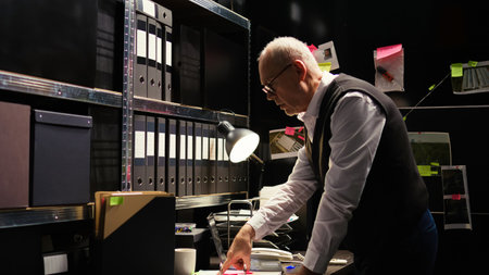 Law officer trying to uncover new clues with surveillance photos and forensic science. Senior criminologist expert working on criminal case to solve mystery and catch suspect, discovery.の写真素材