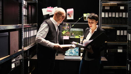 Criminologists team read case files to evaluate evidence authenticity in incident room, gathering intelligence in office. Two inspectors working on crime, doing suspect background check.の写真素材