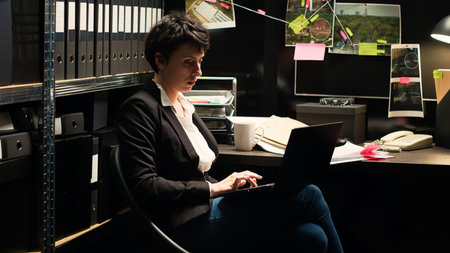 Criminologist reading reports on laptop in police agency office, woman criminal expert working with classified documents and gathering intelligence to catch culprit. Private inspector on duty.の写真素材