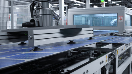 Solar panel placed on conveyor belt, polished by automatized machinery unit, moving around facility. Photovoltaic cells manufactured in cutting edge eco friendly warehouse, 3D renderの写真素材