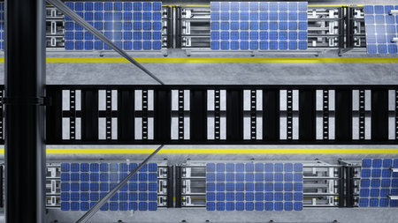 Top down view of solar panels on conveyor belts during cutting edge production process in green...