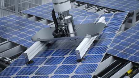 Solar panel placed on conveyor belt, operated by robot arm, moving around facility, 3D illustration....