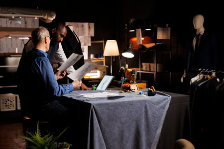 Skilled dressmakers working on upcoming refined modern fashion design collection, comparing dress sketches. Masterful experienced creative gentlemen creating fashionable bespoke attire in dark atelierの写真素材