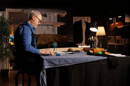 Old experienced suitmaker alone in upscale tailoring studio, designing fashion collection. Senior tailor in professional atelier shop workspace manufacturing handmade sartorial clothingの写真素材