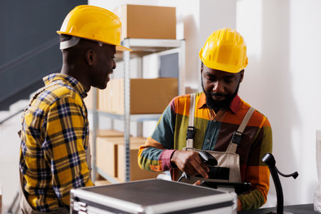 African american storehouse workers team scanning customer order before shipping. Retail storehouse operators wearing protective helmets using barcode scanner on product and checking priceの写真素材