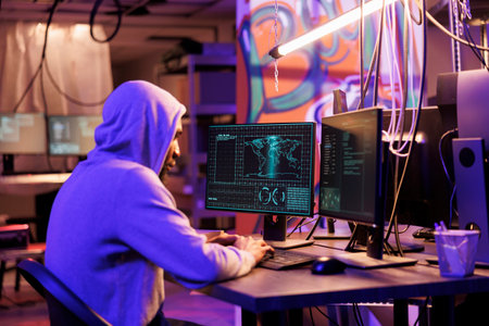 African american hacker in hood breaking into server and stealing sensitive information. Internet...