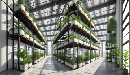 A spacious hallway in a commercial building adorned with an abundance of potted terrestrial plants, creating a lush urban design within the glass facade of the condominiumの素材