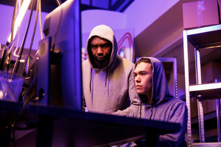 Hackers identifying vulnerabilities in system to break into database and steal data. Asian and african american criminals in hoods hacking online server and cracking password on computerの写真素材