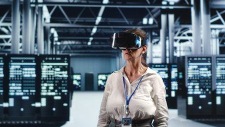 Aged IT admin in modern server room wearing virtual reality headset, performing racks maintenance....