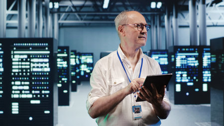 Happy computer scientist expertly managing data while navigating through industrial blade servers....