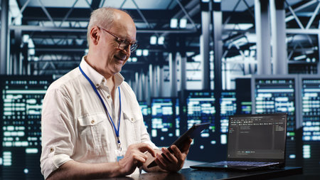 Old system administrator in data center, solving tasks on tablet while running scripts on laptop...