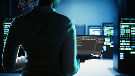Meticulous expert working in server hub, running code on laptop, monitoring technologically advanced...