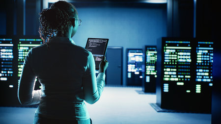 Engineer walking in server room housing advanced infrastructure storing massive datasets. Worker...