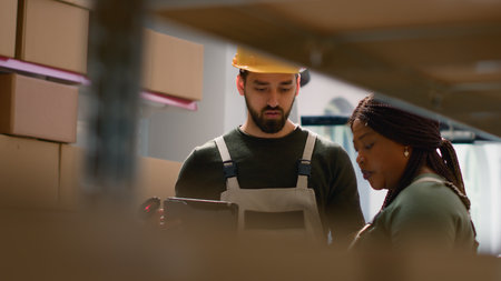 Warehouse operation executives perform inventory control, keeping quality standards high. Knowledgeable experts in storage deposit prepare to ship parcels, crosschecking delivery infoの写真素材