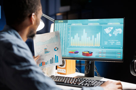Accountant working from home with legal trade analysis, calculating revenue and costs for monthly...