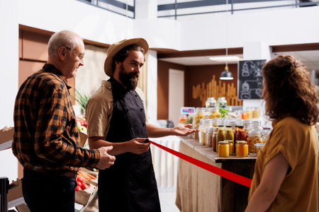 Newly opened zero waste shop owner inviting customers in after preparing organic environmentally conscious bulk products stock. Entrepreneur cutting ribbon, celebrating new local store inaugurationの写真素材