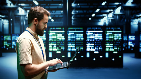 Developer checking event logs and diagnostic tools to identify server issues root cause. Programmer...