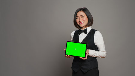 Asian receptionist holding tablet with greenscreen on camera, presenting mockup template on modern...