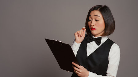 Hospitality industry worker making a list of reservations at hotel, ensuring bookings with clipboard papers in studio. Asian concierge employee checking all guests information. Camera B.の写真素材