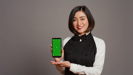 Restaurant hostess presenting smartphone with greenscreen, showing isolated display with chromakey...