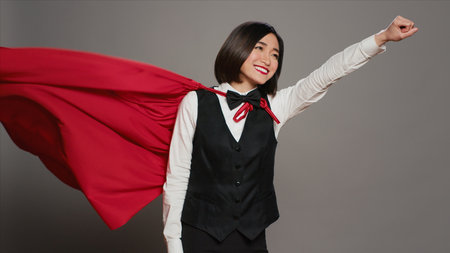 Front desk operator feeling strong with a superhero cape on camera, posing with confidence and showing power in studio. Hotel concierge wearing a red hero cloak, hospitality industry. Camera A.の写真素材