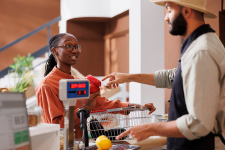 Black woman at checkout counter with a shopping basket filled with locally grown food products for...