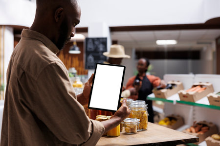 African American guy browses the bio-food items, jars, and foods on shelves while carrying a phone tablet with a chromakey template. Black man grasping a digital device with a white screen.の写真素材