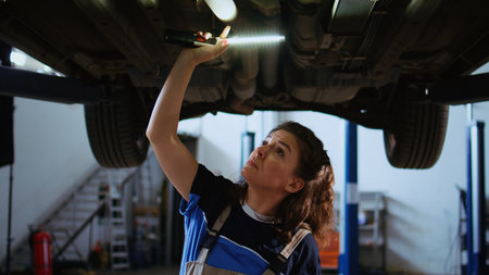 Licensed mechanic working on suspended car in garage, checking components during routine...