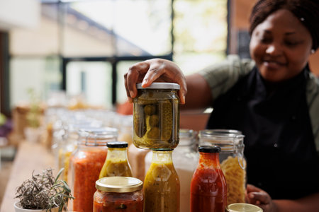 African American shopkeeper sells pickles from glass jars in her zero waste food market. Smiling black woman wearing an apron putting plastic free container with preserved item on wooden counter.の写真素材