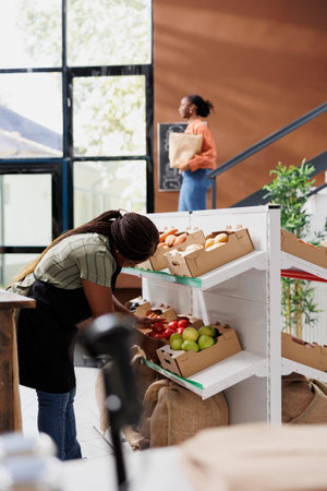 In bio food market, female seller wearing an apron organizes homegrown fruits and vegetables on shelves. In eco friendly grocery store, African American vendor inspects fresh organic produce.の写真素材