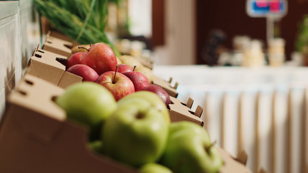 Close up panning shot of natural fruits and vegetables on farmers market shelves. Freshly harvested additives free food items in environmentally responsible zero waste supermarketの写真素材